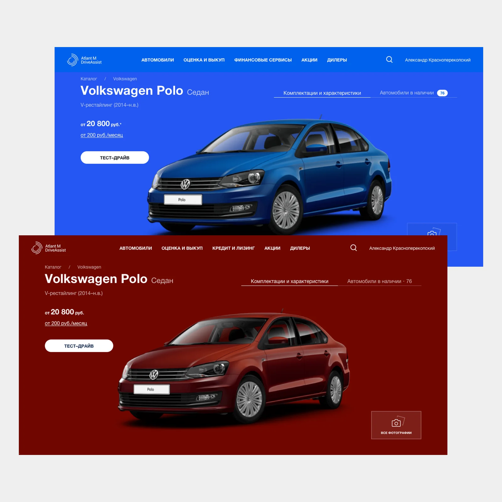 Volkswagen Polo storefront in two color themes, header matched to the car