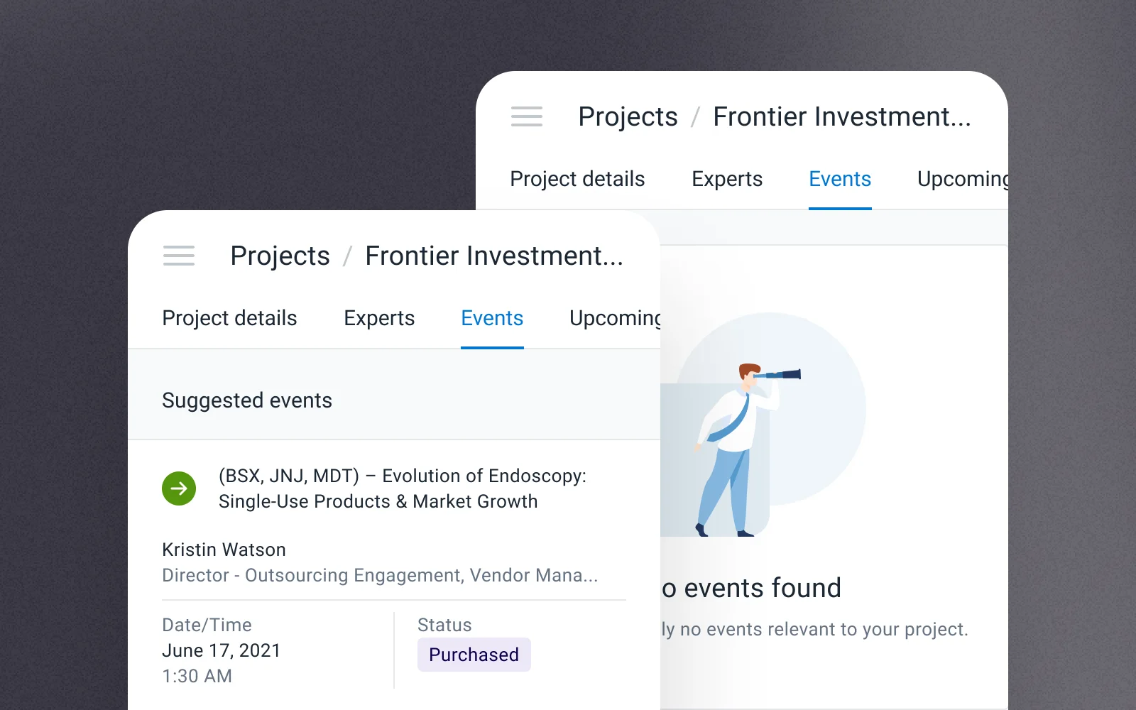 Suggested events tab of a project in the client app