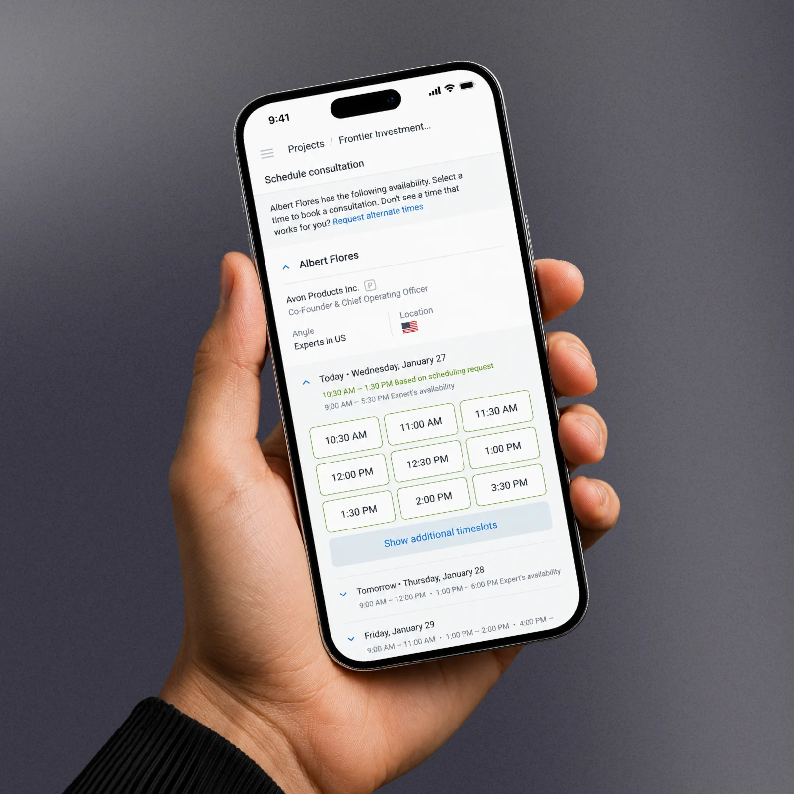 Consultation scheduling with time slots in the client app on a phone