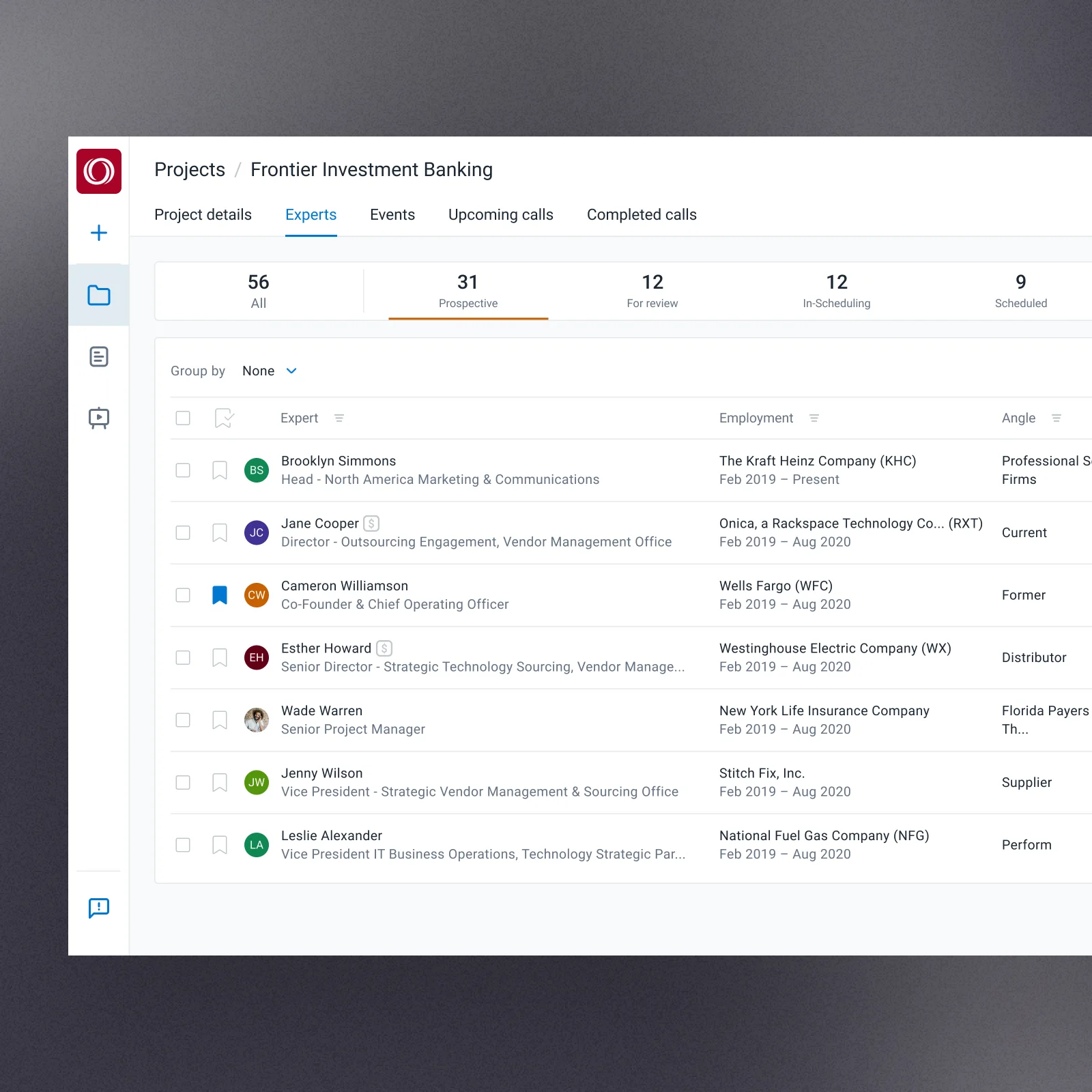 Project experts list with pipeline stages in the client app