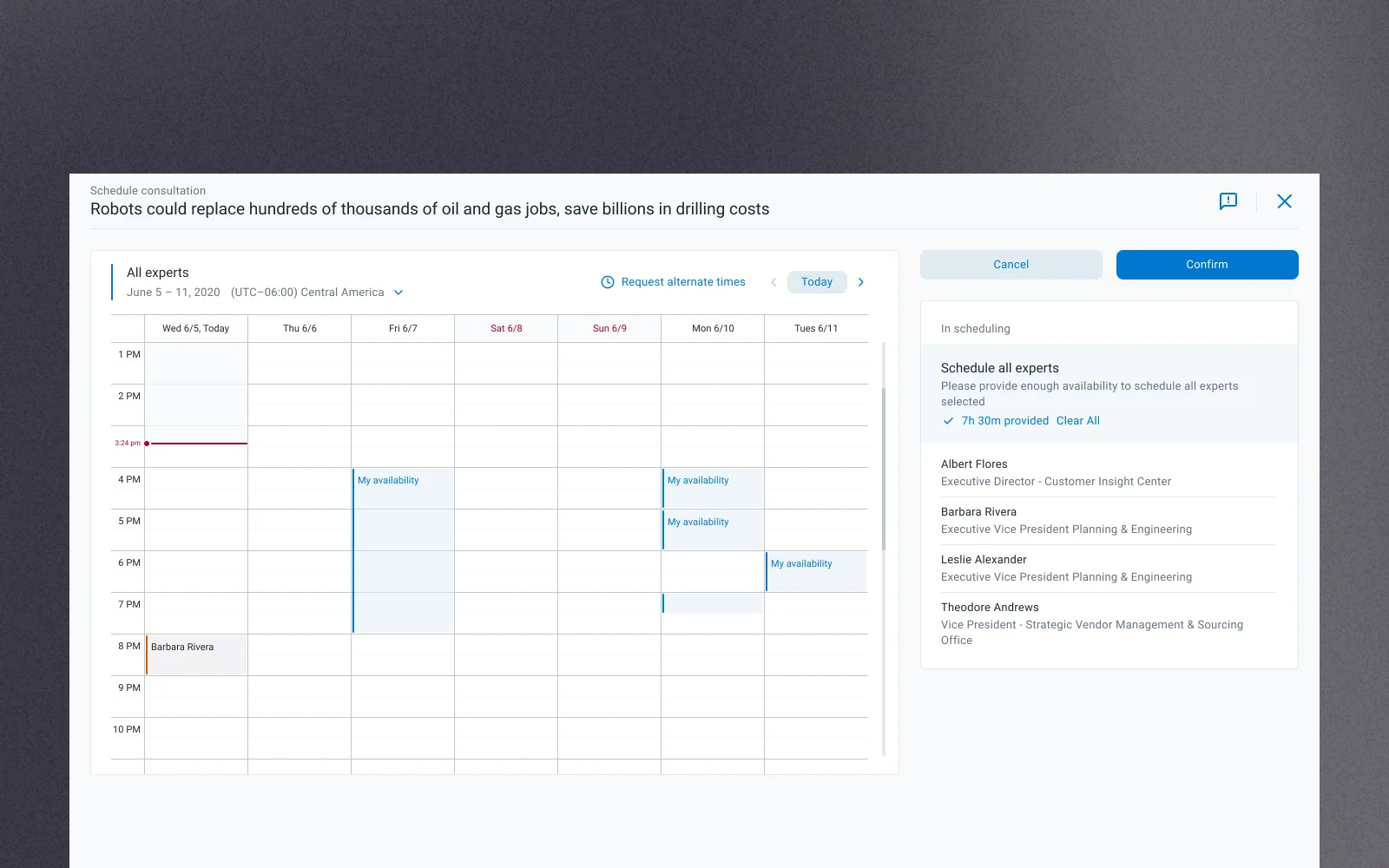 Consultation scheduling screen with expert availability calendar