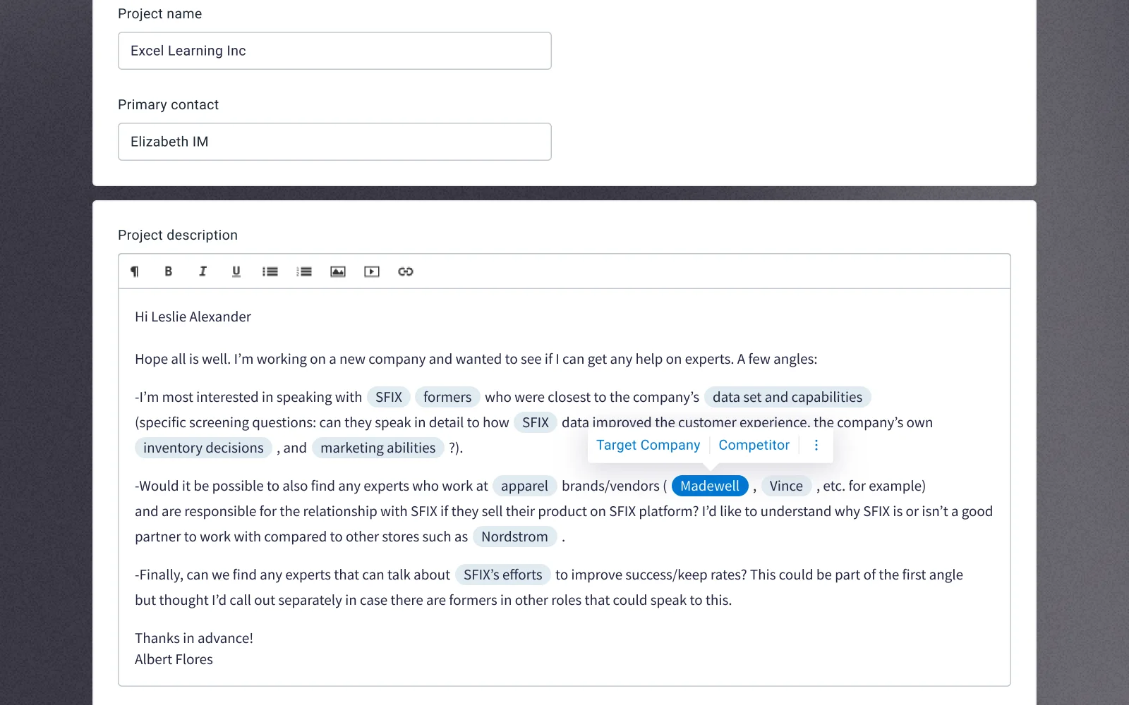 Project brief with intelligent entity tagging