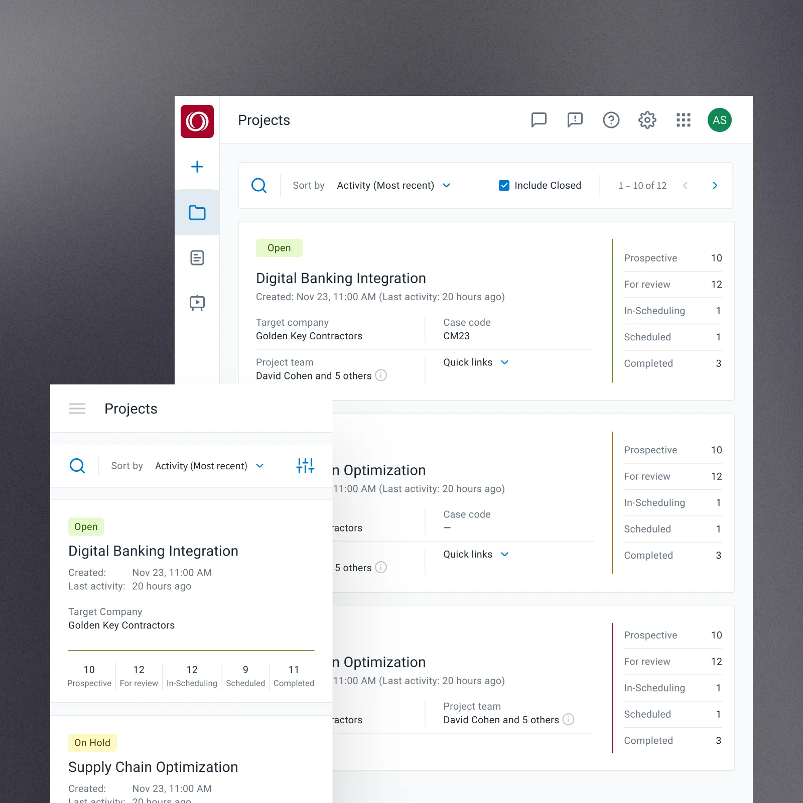 Project listing with per-stage expert counts, desktop and mobile