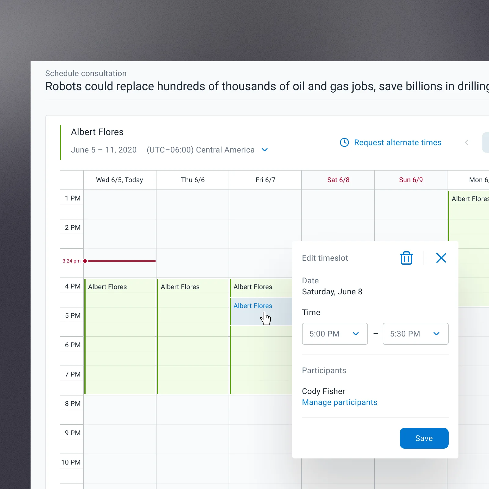 Consultation calendar with timeslot editing
