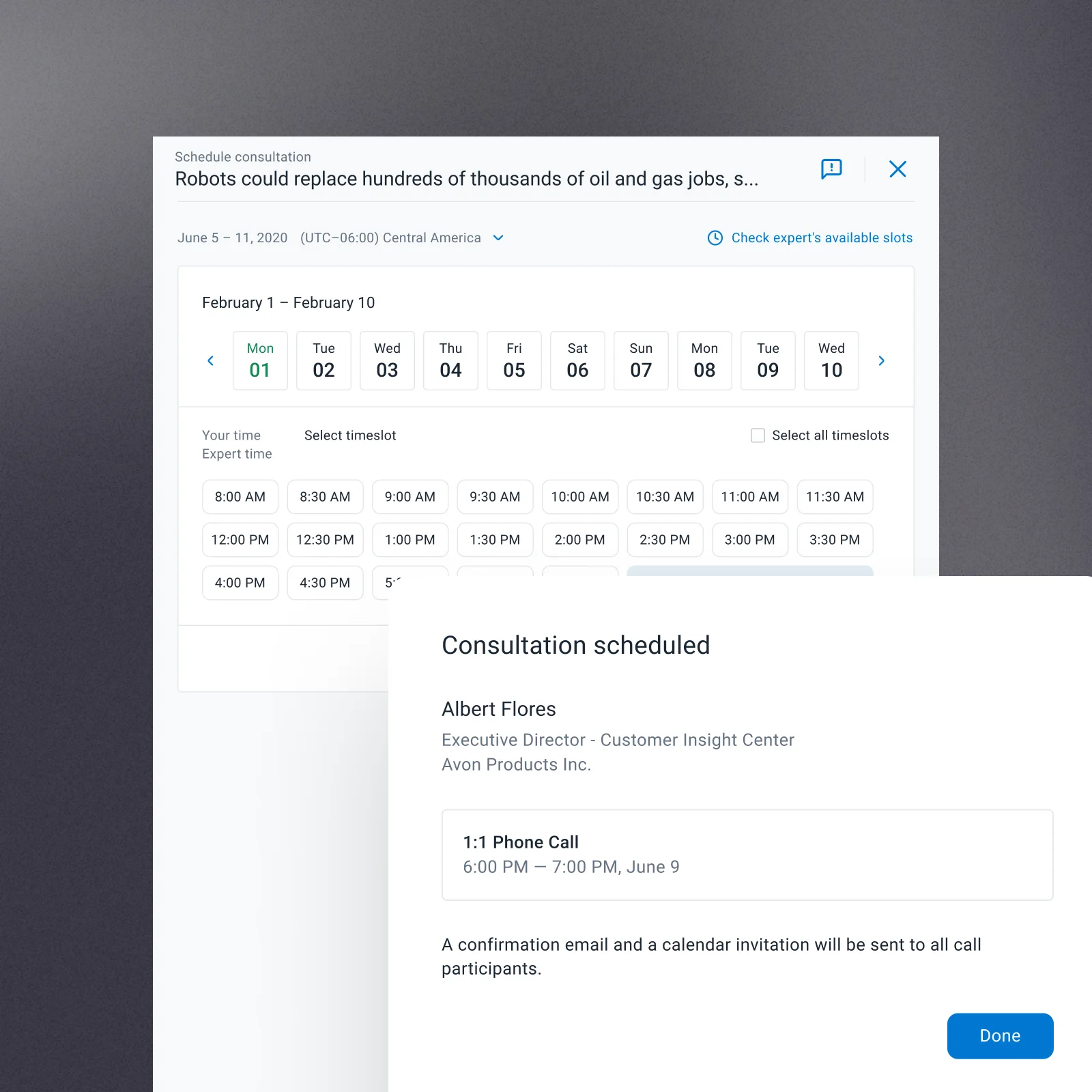 Timeslot picker and consultation confirmation built from system components
