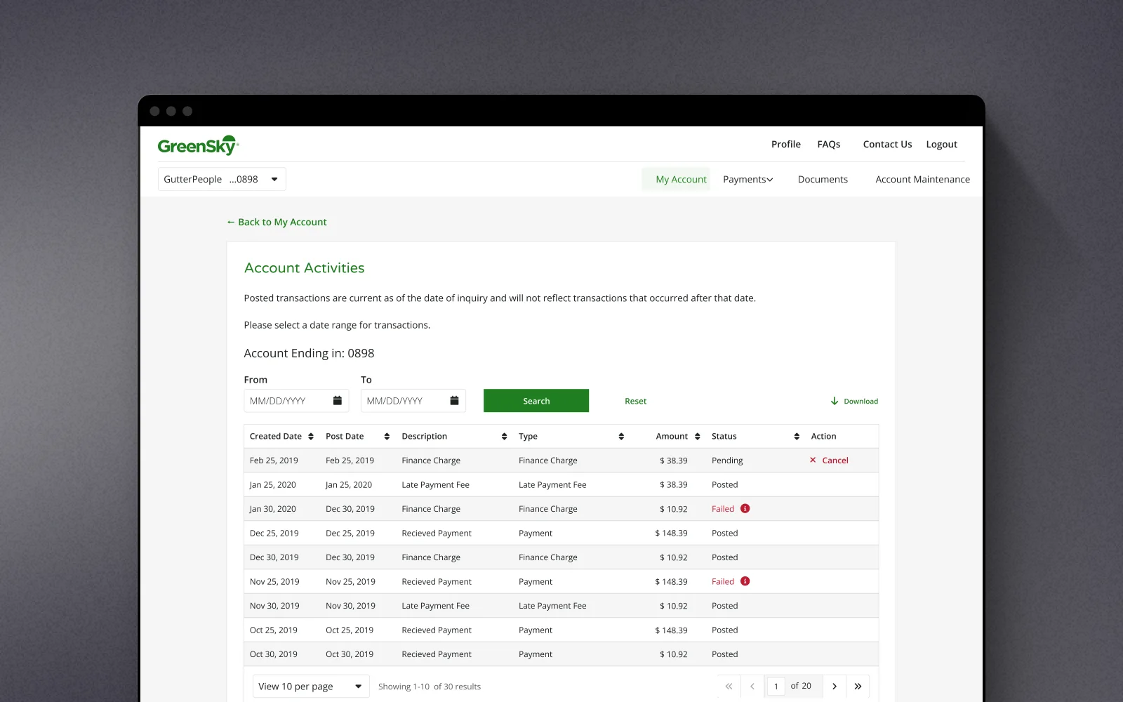 Account activities table with payments, charges, and statuses