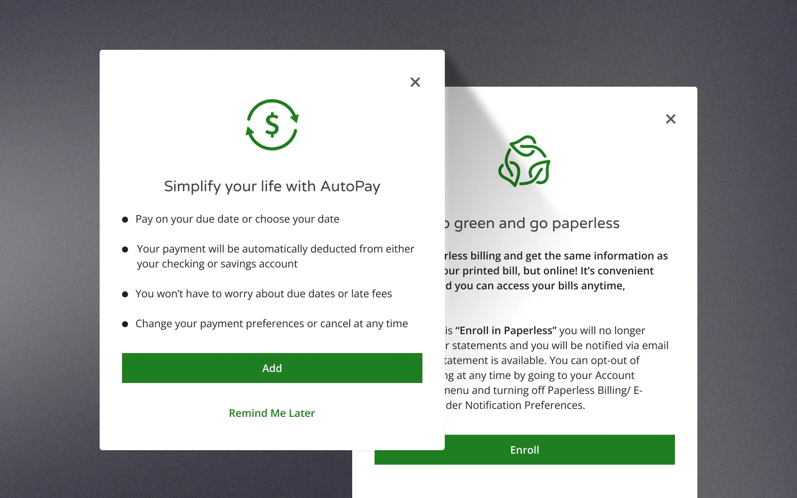 AutoPay and paperless enrollment prompts