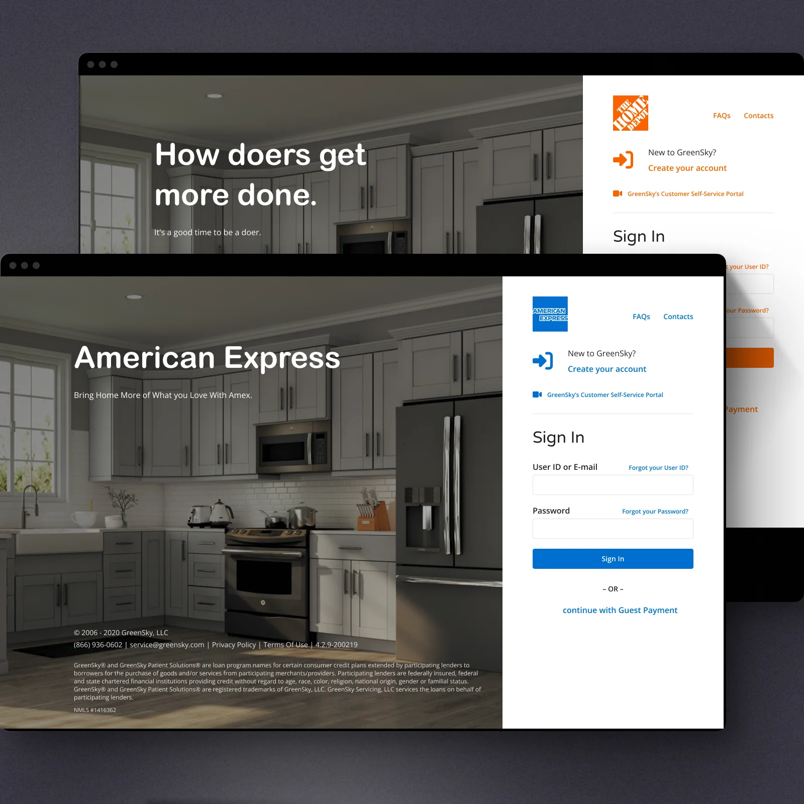 Sign-in pages wearing Home Depot and American Express branding