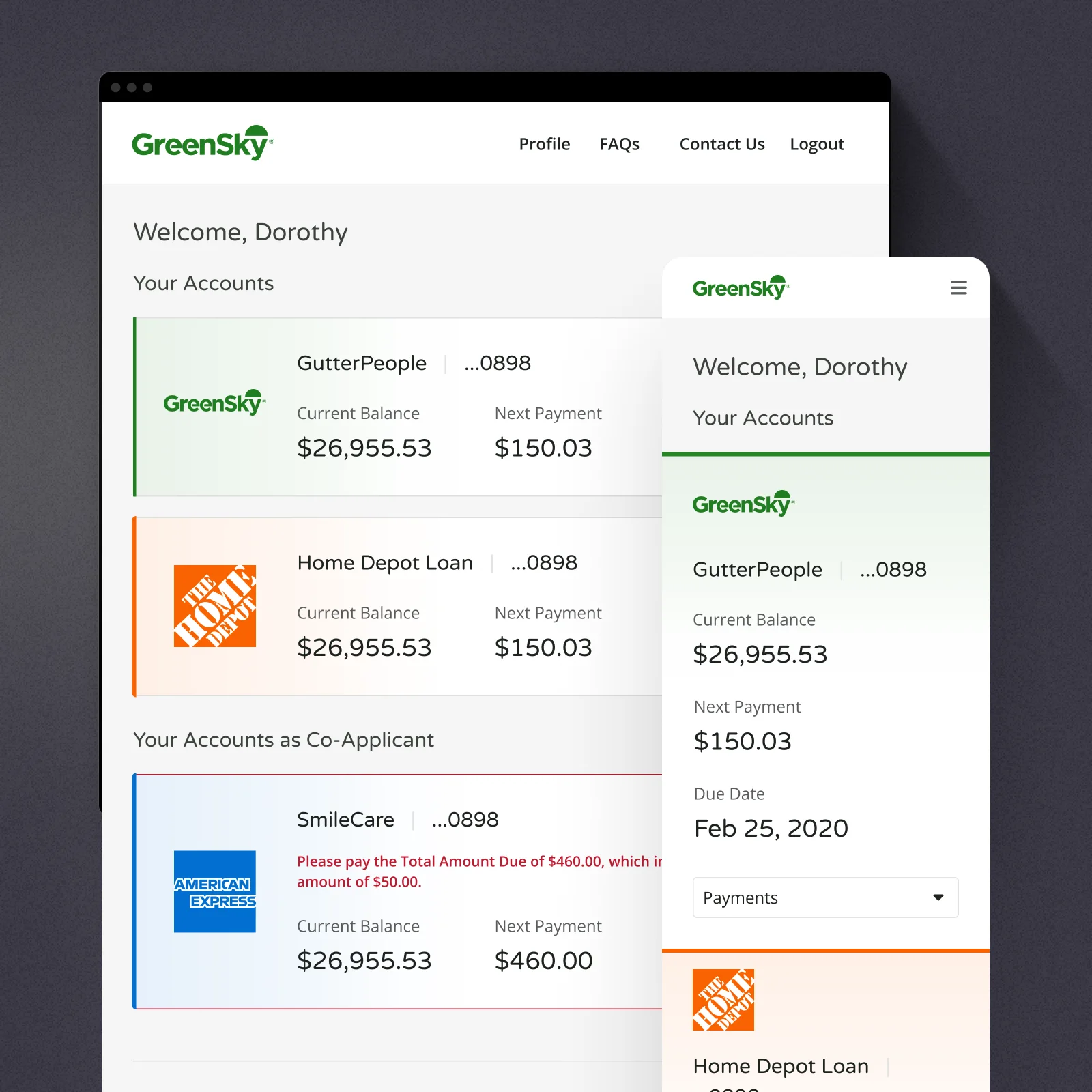 Accounts dashboard with merchant-branded loan cards, desktop and mobile