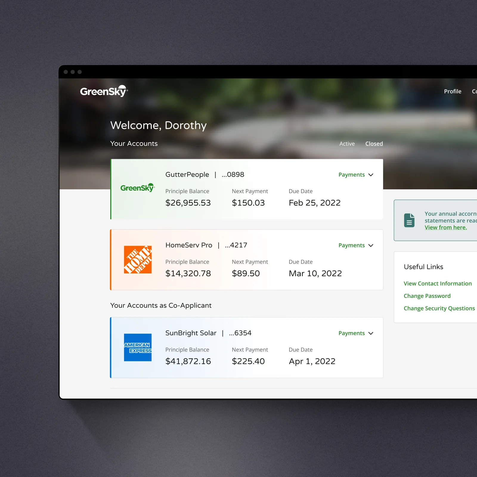 Accounts dashboard with merchant-branded loan cards