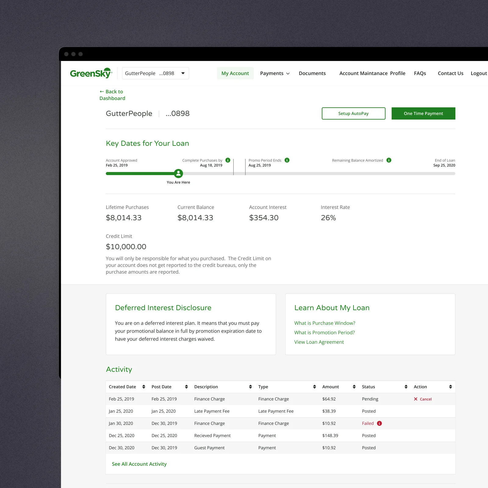 Loan account page with the Key Dates timeline, deferred interest disclosure, and activity