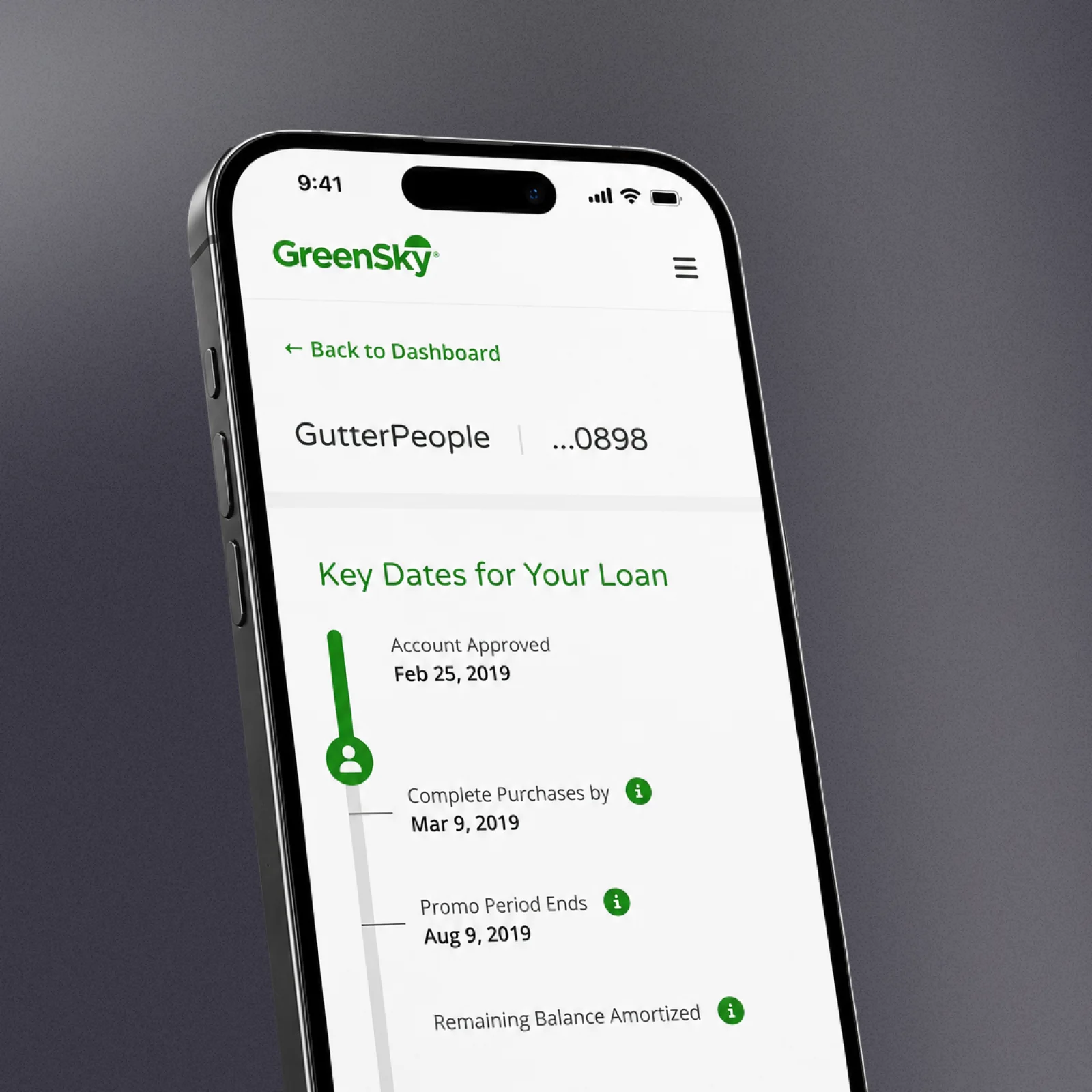 Key Dates timeline of the loan on a phone