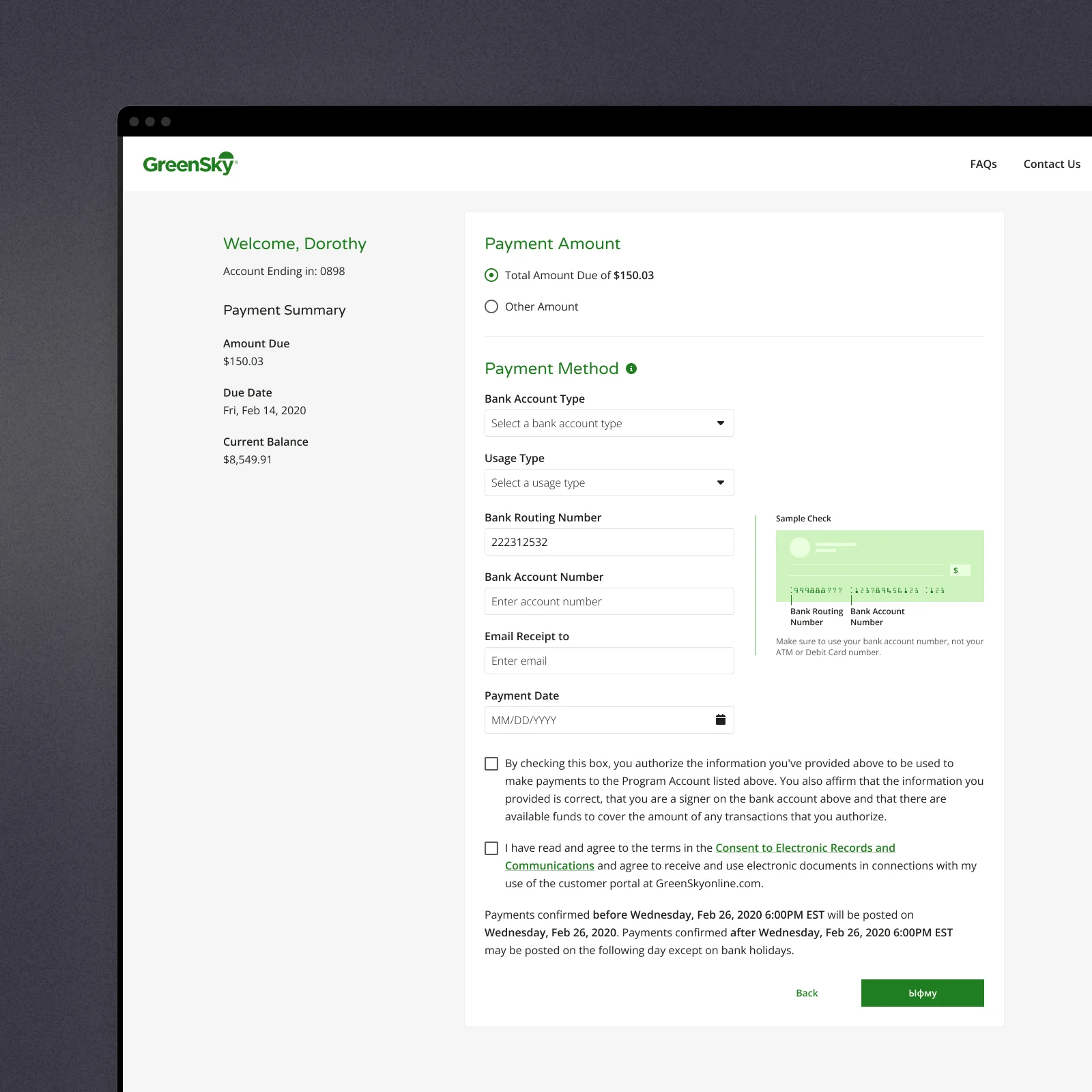 One-time payment form with bank account details and authorization