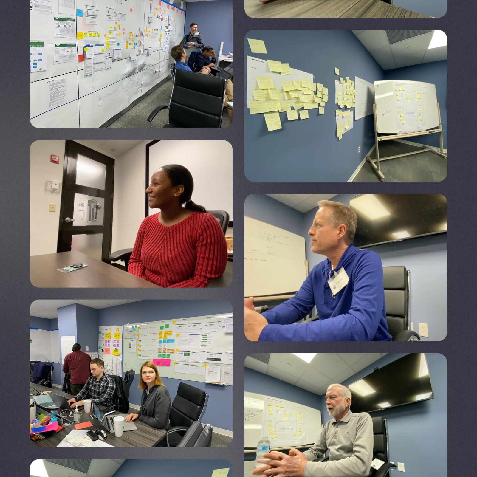 Journey maps, sticky-note walls, and interview sessions from discovery