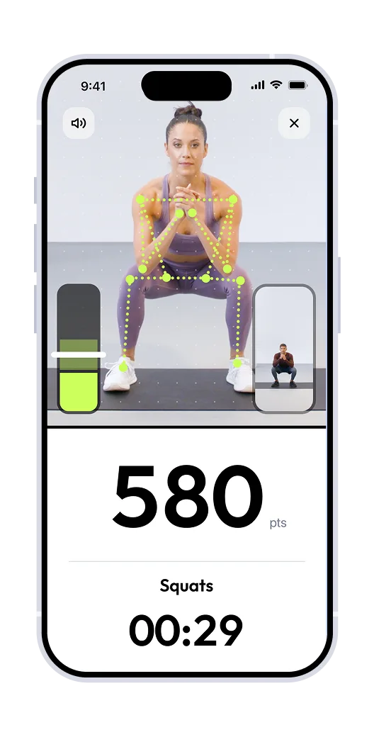Camera-tracked squat exercise screen with live points and rep timer