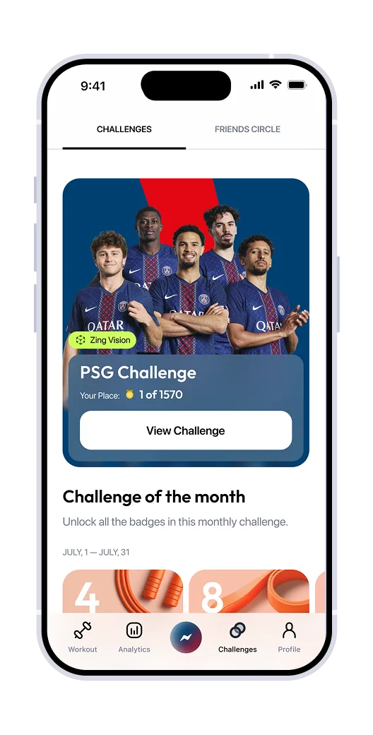 Challenges tab with the PSG Challenge card, squad photo, and leaderboard place